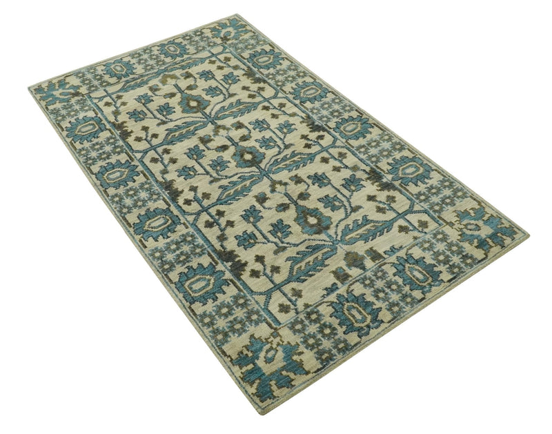 Beige, Teal and Charcoal Traditional Large Design Hand Knotted 5x8 wool Rug