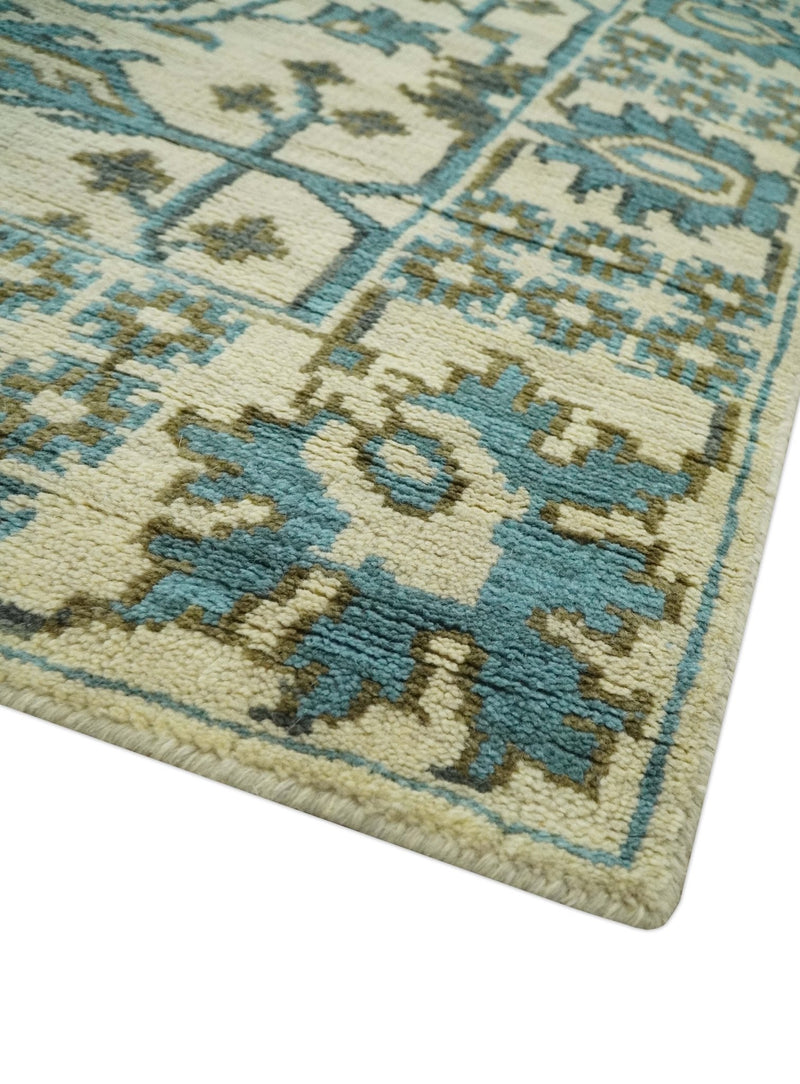 Beige, Teal and Charcoal Traditional Large Design Hand Knotted 5x8 wool Rug