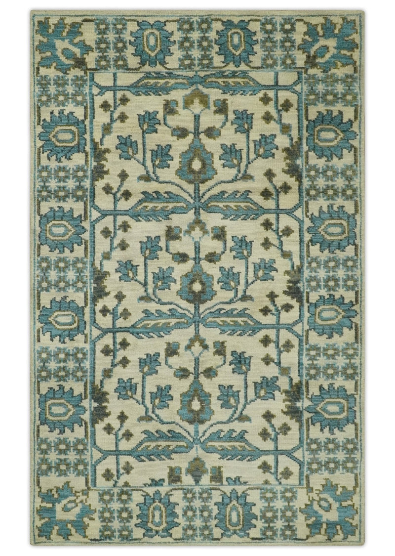 Beige, Teal and Charcoal Traditional Large Design Hand Knotted 5x8 wool Rug