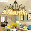 GobekUsa Beige Tiffany Cut Glass Pendant Chandelier - 9/11 Lights, Conical Hanging Light with Mermaid Deco