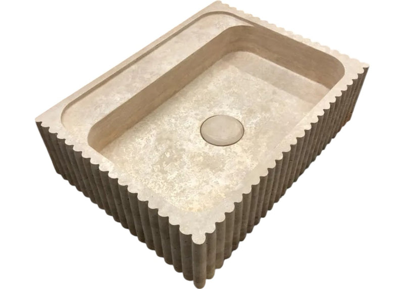 Beige Travertine Rectangular Wall-mount Bathroom Sink Fluted (W)17.7" (L)23.6" (H)6"