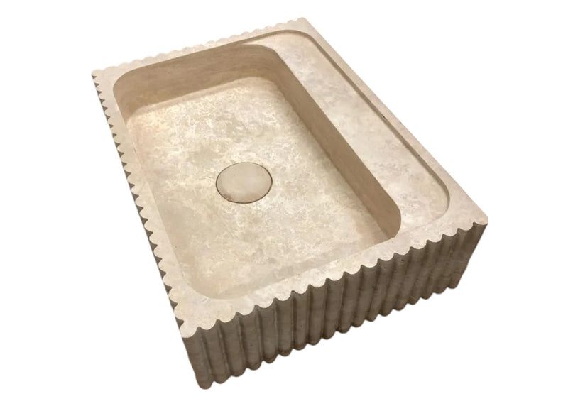 Beige Travertine Rectangular Wall-mount Bathroom Sink Fluted (W)17.7" (L)23.6" (H)6"