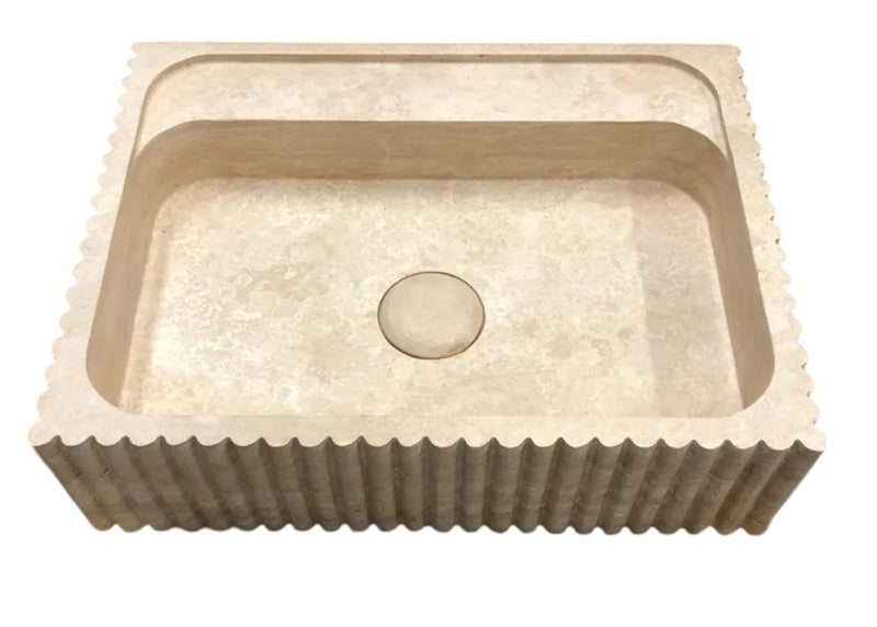 Beige Travertine Rectangular Wall-mount Bathroom Sink Fluted (W)17.7" (L)23.6" (H)6"