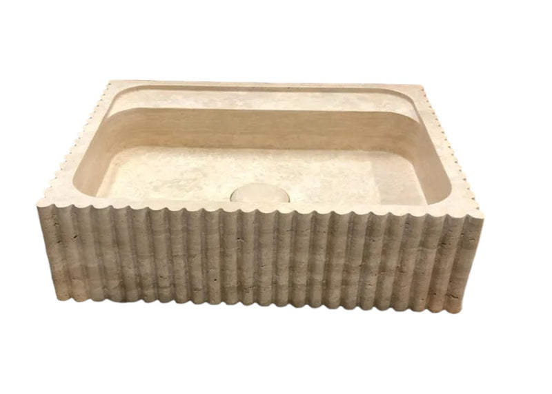 Beige Travertine Rectangular Wall-mount Bathroom Sink Fluted (W)17.7" (L)23.6" (H)6"