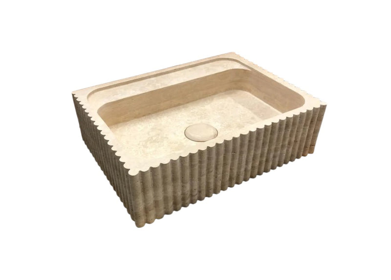 Beige Travertine Rectangular Wall-mount Bathroom Sink Fluted (W)17.7" (L)23.6" (H)6"