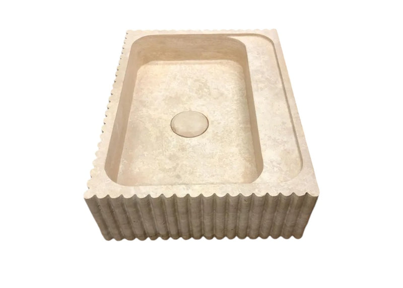 Beige Travertine Rectangular Wall-mount Bathroom Sink Fluted (W)17.7" (L)23.6" (H)6"