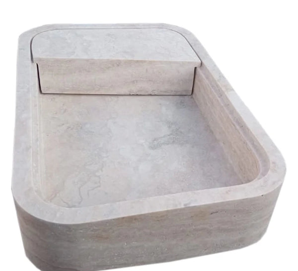 Beige Travertine Wall-Mount Bathroom Sink Hidden Drain 16x24, angled view