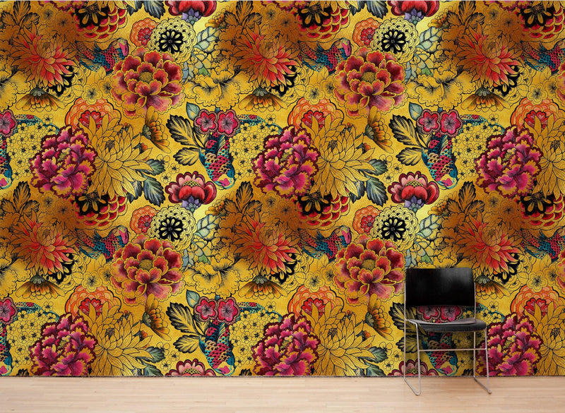 Japanese Art Koi Fish Peel and Stick Wallpaper. Gold Flowers Background.  Removable Wall Mural