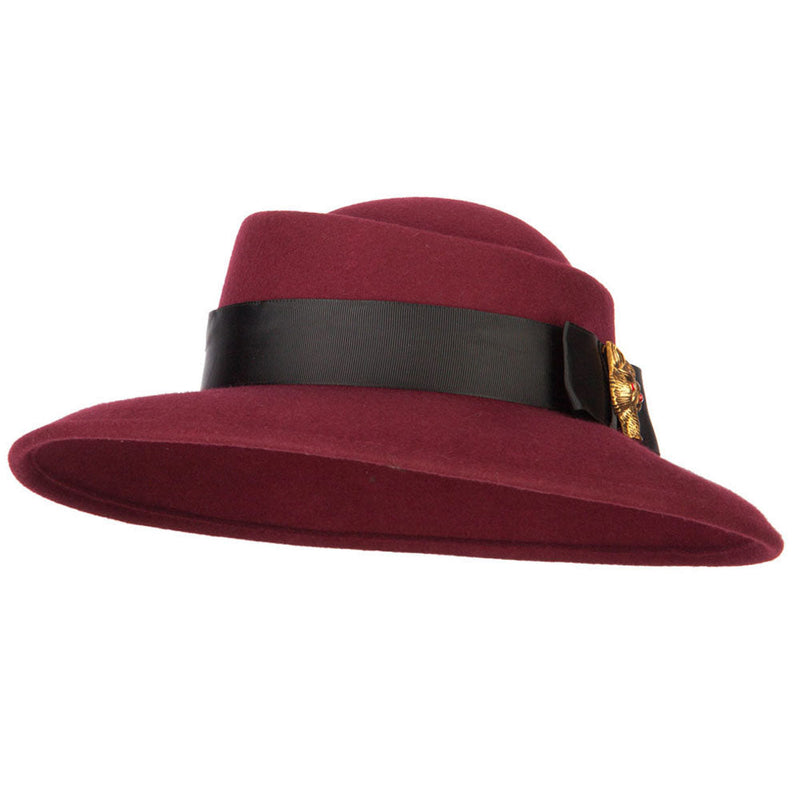 Women's Wool Brass Fox Head Accented Bow Band Gambler Hat