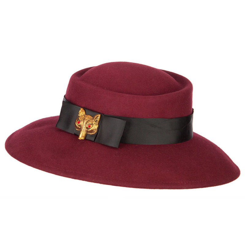 Women's Wool Brass Fox Head Accented Bow Band Gambler Hat