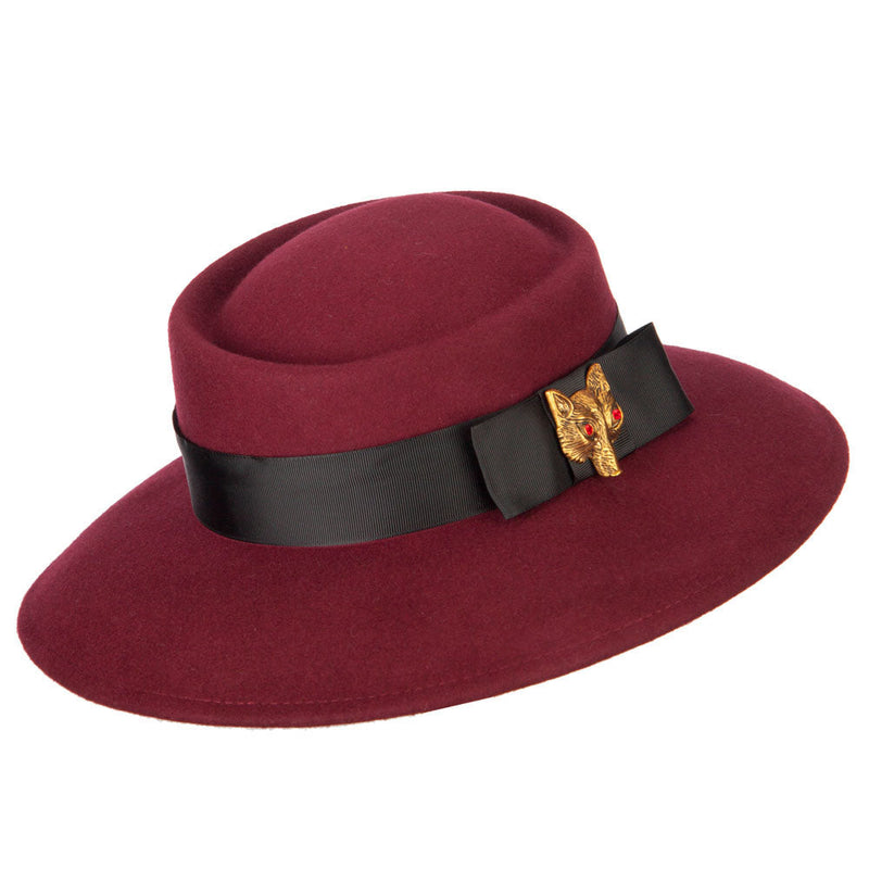 Women's Wool Brass Fox Head Accented Bow Band Gambler Hat