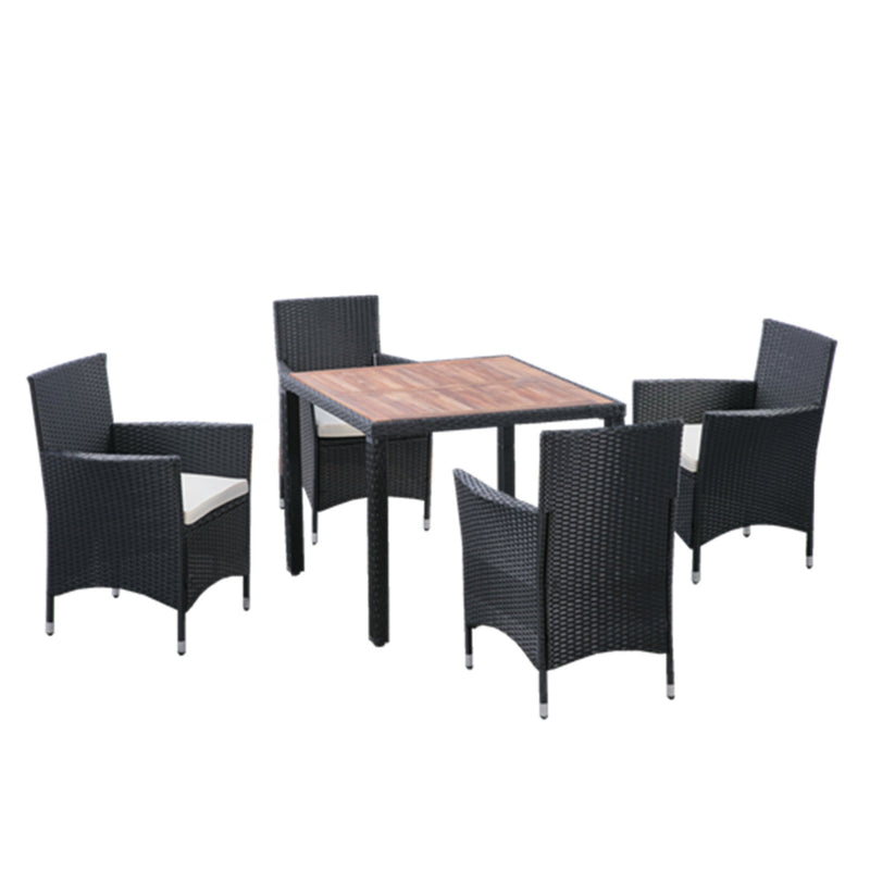 Walker Edison | 5 piece Outdoor Patio Wicker Dining Set Patio Wicker Furniture Dining Set w/Acacia Wood Top Black Wicker + Creme Cushion