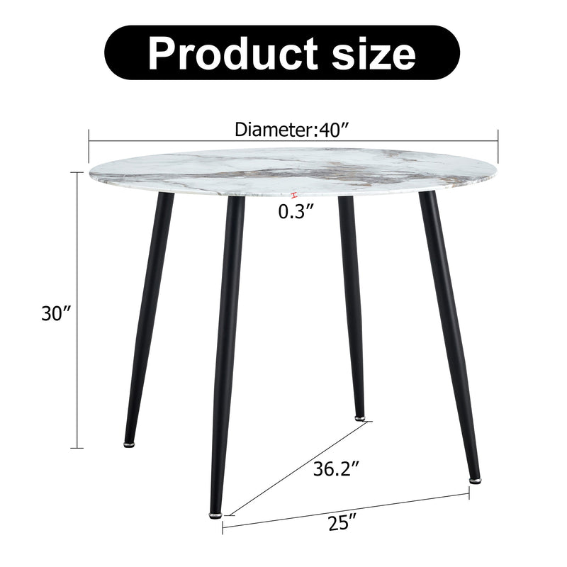 A modern minimalist circular dining table with a diameter of 40 inches, a 0.3 inch thick imitation marble pattern tabletop and black metal legs 40 'x 40' x 30 'DT-1164