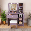 Purple Vanity Desk with Lighted Mirror & Padded Stool