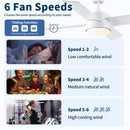 Ceiling Fan With Remote Control, Reversible DC Motor, 6 Speeds, 3 Dimmable LED, Quiet Timer For Indoor - White
