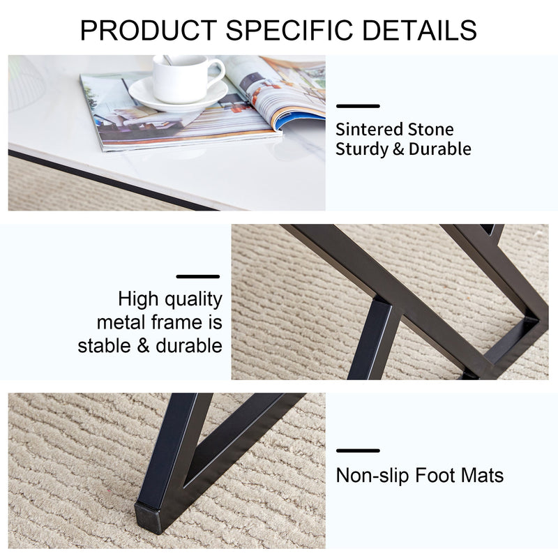 A modern minimalist style white marble patterned coffee table with black metal legs. Computer desk. Game table. Tea table. CT-XX