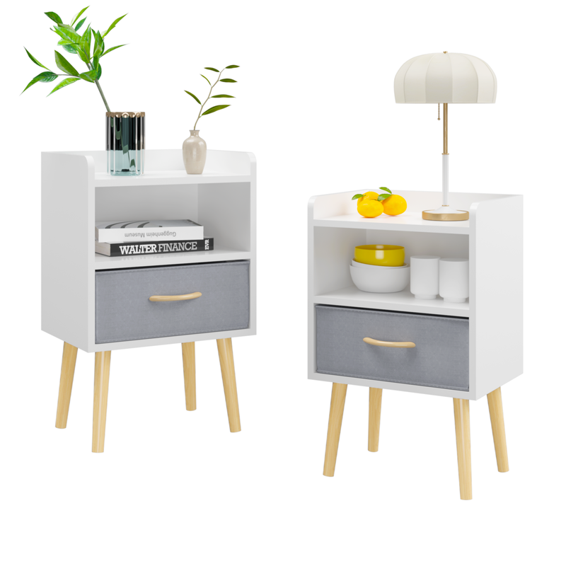 2PC Nightstand With Collapsible Fabric Drawer, 2-Tier Storage End Table, Wood Side Table with Storage Cabinet for Bedroom, Living Room - White