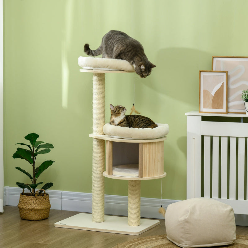 3-Level Cat Tree with Sisal Scratching Posts, Fun Cat Badminton Toy for Playing, Soft Cushions, & Play Areas