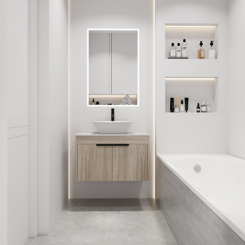 30" Modern Design Float Bathroom Vanity With Ceramic Basin Set, Wall Mounted White Oak Vanity With Soft Close Door, KD-PackingD-Packing Pieces