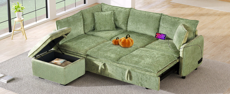 82.67"Convertible Sofa Bed Sectional Sofa Sleeper L-shaped Sofa with a Storage Ottoman,Two Pillows, Two Power Sockets and Two USB Ports for Living Room, Green