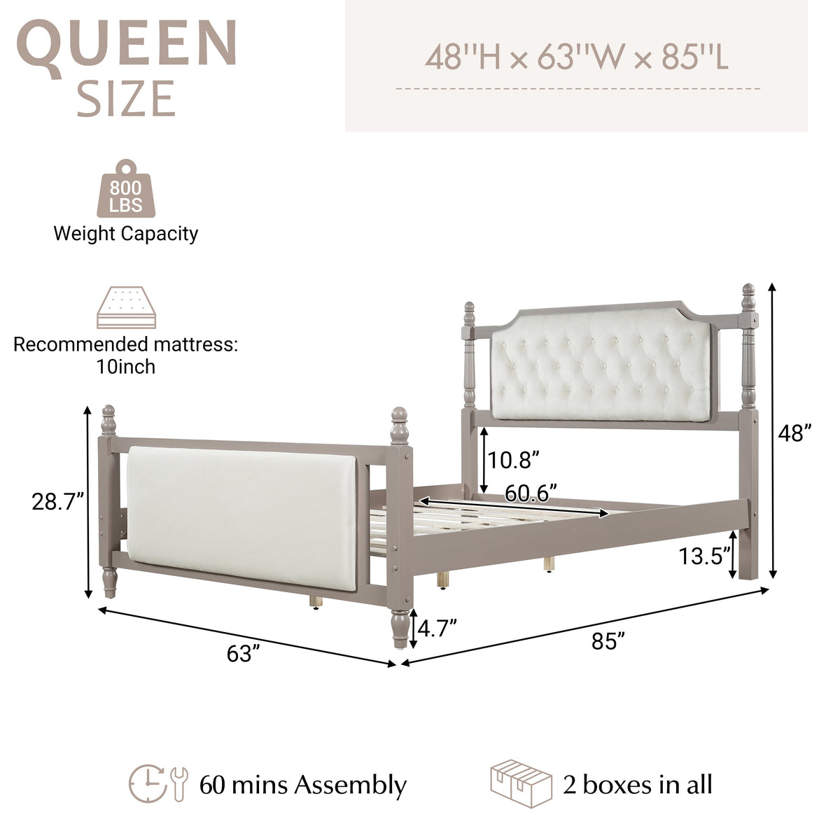 Queen Size Upholstered Platform Bed with Button Tufted Headboard, photo 4 of 10