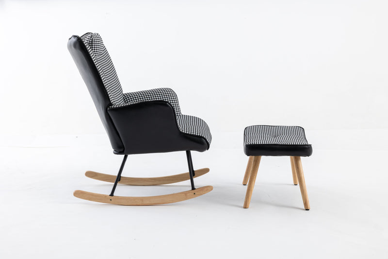 35.5 inch Rocking Chair with Footrest, Soft Houndstooth Fabric Leather Fabric Rocking Chair for Nursery, Comfy Wingback Glider Rocker with Safe Solid Wood Base for Living Room Bedroom Balcony (black)