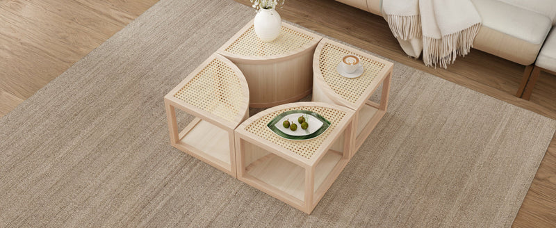 Walker Edison - Round to Square Block Modular Coffee Table Light Natural Rattan with Storage 4 Piece