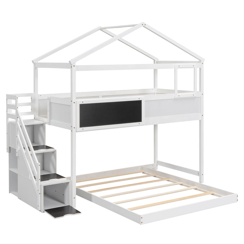 Walker Edison | Twin over Full House Bunk Bed with Storage Staircase and Blackboard, White