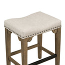 3-Piece Retro Dining Set Solid Wood Counter Height Pub Set Foldable Table with 2 Saddle Stools for Kitchen, Small Space (Distressed Brown)