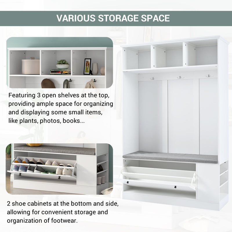 5-in-1 Entryway Bench with Coat Rack, Cushion and 3 Sturdy Hooks, 47.2" Wide Hall Tree with Shoe Storage Bench for Hallway, Entryway, Living Room