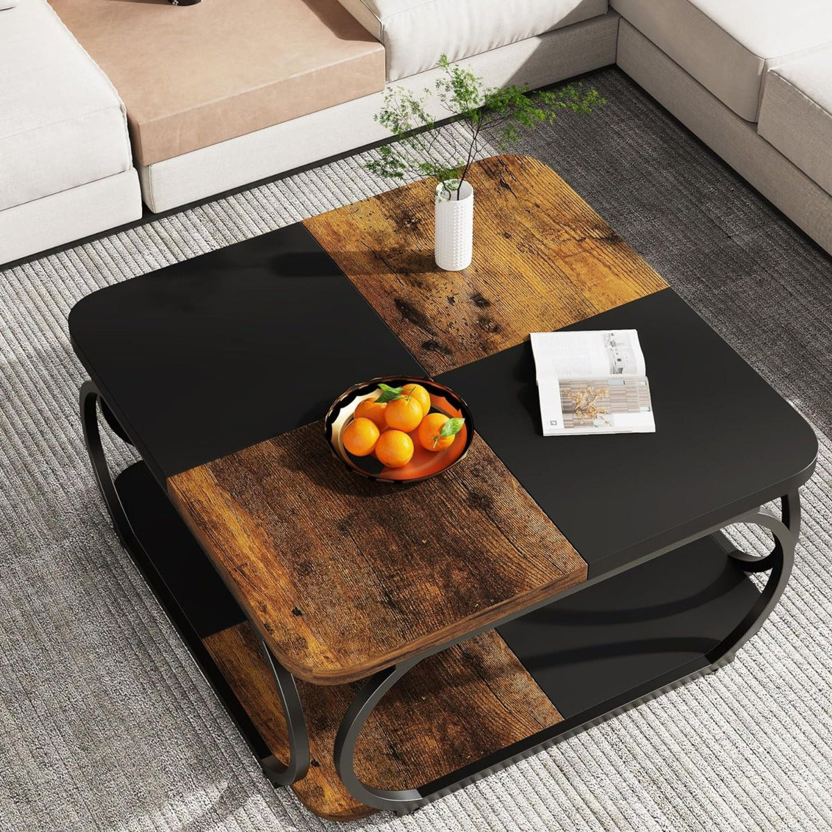 Square Coffee Table With Storage Shelf, 2 Tier For Living Room - Brown / Black, photo 9 of 12