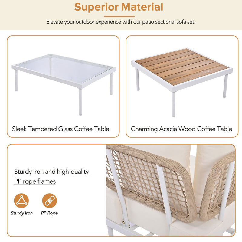 8-Piece Patio Sectional Sofa Set with Tempered Glass Coffee Table and Wooden Coffee Table for Outdoor Oasis, Garden, Patio and Poolside (Beige Cushion + White Steel)