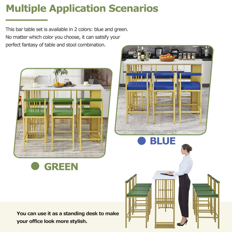 7-Piece Multi-Functional Modern Counter Height Dining Bar Table Set with Open Shelves and 6 Upholstered Stools for Dining Room, Bar and Cafe (White and Green)