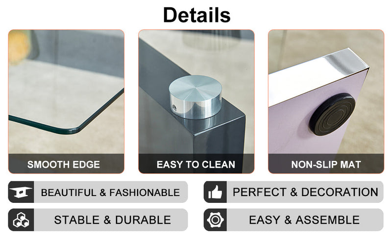 A rectangular modern and fashionable coffee table with tempered glass tabletop and black MDF legs. Suitable for living room.47.2"x25.5"x18"