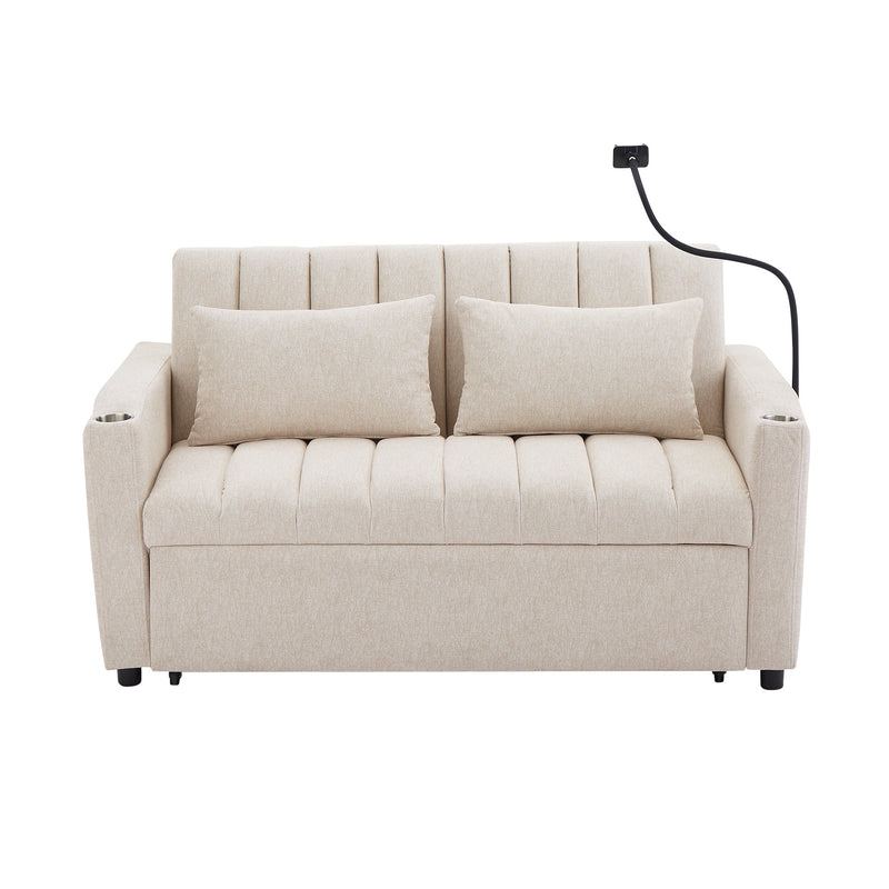55.9" Convertible Sofa Bed Loveseat Sofa with Three USB Ports, Two Side Pockets, Two Cup Holders and 360Swivel Phone Holder for Living Room, Beige