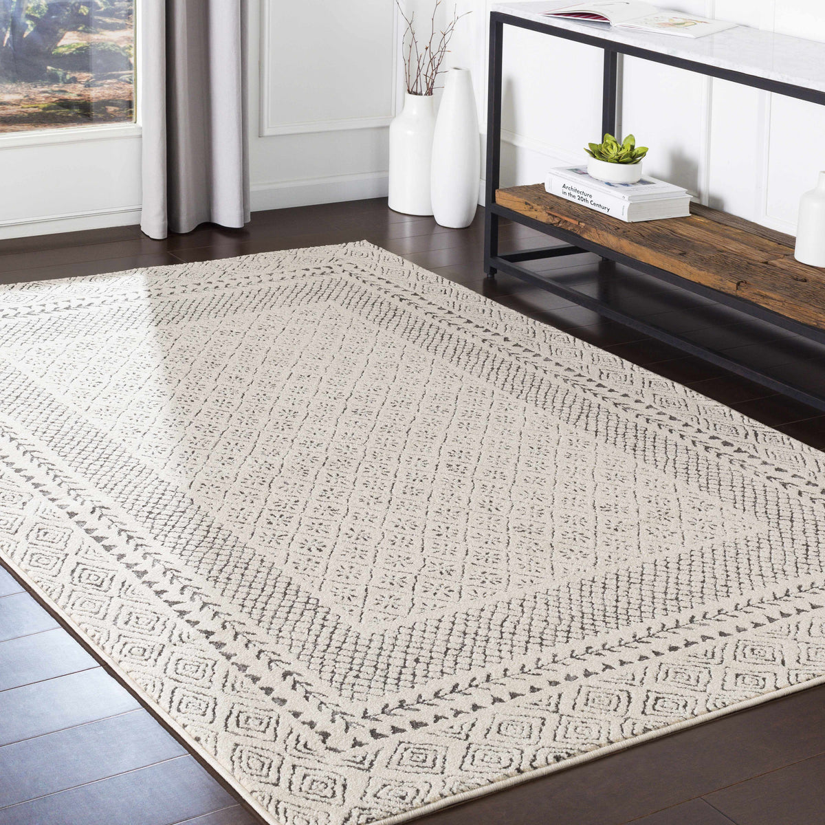 Burdette Soft Neutral Rug, installed in a room