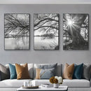 Modern black & white big tree lake sunset canvas – living room wall art by Decorbites