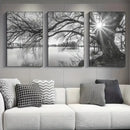 Modern black & white big tree lake sunset canvas – living room wall art by Decorbites