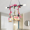 GobekUsa 5-Head Birdcage Rope Island Light Fixture: Factory Red/Rose Red Metal Pendant Lamp with Artificial Maple Leaf/Blossom