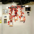 GobekUsa 5-Head Birdcage Rope Island Light Fixture: Factory Red/Rose Red Metal Pendant Lamp with Artificial Maple Leaf/Blossom