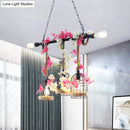 GobekUsa 5-Head Birdcage Rope Island Light Fixture: Factory Red/Rose Red Metal Pendant Lamp with Artificial Maple Leaf/Blossom
