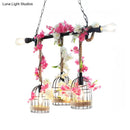 GobekUsa 5-Head Birdcage Rope Island Light Fixture: Factory Red/Rose Red Metal Pendant Lamp with Artificial Maple Leaf/Blossom
