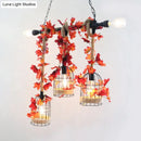 GobekUsa 5-Head Birdcage Rope Island Light Fixture: Factory Red/Rose Red Metal Pendant Lamp with Artificial Maple Leaf/Blossom
