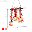 GobekUsa 5-Head Birdcage Rope Island Light Fixture: Factory Red/Rose Red Metal Pendant Lamp with Artificial Maple Leaf/Blossom
