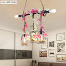 GobekUsa 5-Head Birdcage Rope Island Light Fixture: Factory Red/Rose Red Metal Pendant Lamp with Artificial Maple Leaf/Blossom