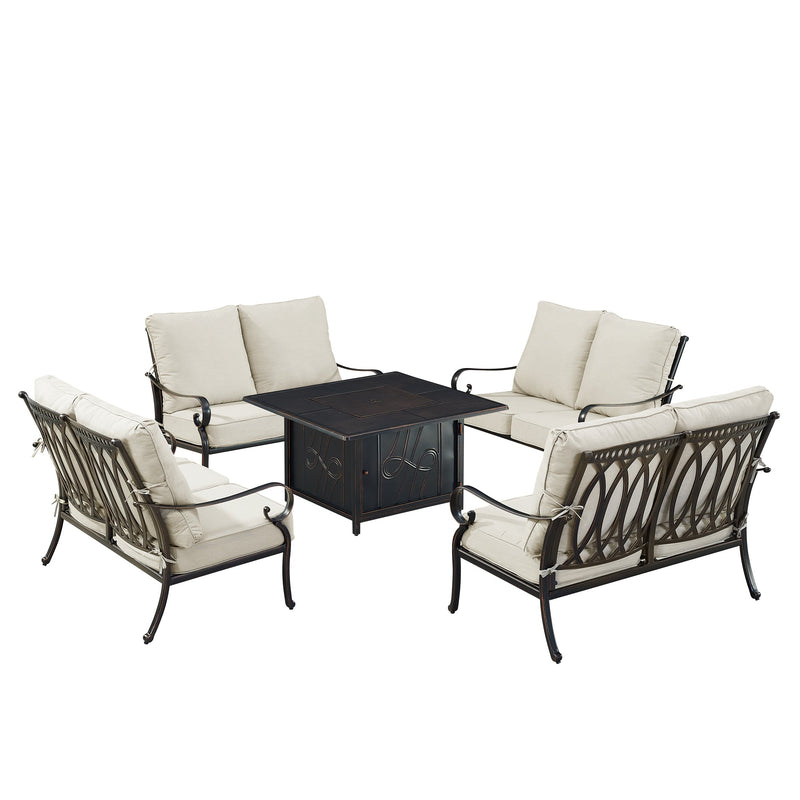 Black Aluminum Fire Table Set with Four Deep Seating Loveseats