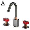 GobekUsa Gray Brass Basin Faucets, Deck Mounted Double Handle Bathroom Sink Tap