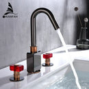 GobekUsa Gray Brass Basin Faucets, Deck Mounted Double Handle Bathroom Sink Tap