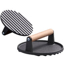 Black and light brown cast iron burger press kitchen meat tool by Decorbites