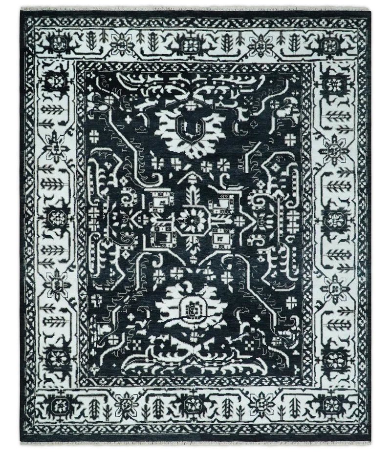 Black and White 6x9, 8x10 and 9x12 Hand Knotted Traditional Persian Oushak Wool and Viscose Rug, Accent Rug | TRDCP840